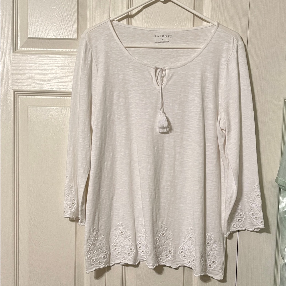 Talbots white Embroidered Blouse with Tassel Tie